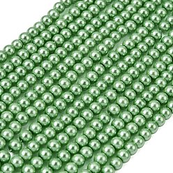 Весенне-зеленый Круглые бусины из экологически чистого окрашенного стекла с жемчугом, класс А, хлопковый шнур , весенний зеленый, 4~4.5 мм, отверстие : 0.7~1.1 мм, около 104 шт / нитка, 15 дюйм
