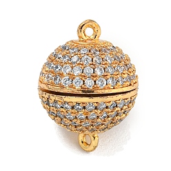 Real 18K Gold Plated Brass Micro Pave Clear Cubic Zirconia Round Ball Magnetic Clasps, Real 18K Gold Plated, 16x12mm, Hole: 1mm