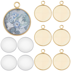 Настоящее золото 18K Наборы для изготовления плоских круглых подвесок из нержавеющей стали своими руками, в том числе кабошоны из прозрачного стекла, реальный 304 k позолоченный, лоток : 18 мм, 20 мм, отверстие : 27x22x2 мм, 3 шт
