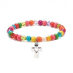 Cross Женский эластичный браслет из синтетической бирюзы (окрашенной) и акриловых бусин с подвеской из сплава, красочный, накрест, Кулон : 19x11x2 мм, внутренний диаметр: 2-1/8 дюйм (5.5 см)