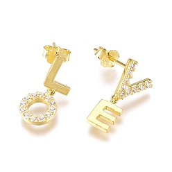 Golden 925 Sterling Silver Dangle Stud Earrings, Asymmetrical Earrings, with Clear Cubic Zirconia and Ear Nuts, with S925 Stamp, Word Love, Golden, 14.5x7mm, Pin: 0.6mm