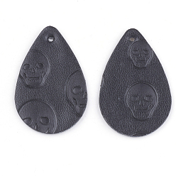 Black PU Leather Pendants, teardrop, with Skull, Black, 39x25x1.5mm, Hole: 1.5mm