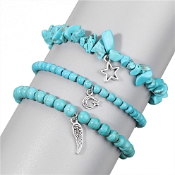Синтетическая Бирюза Синтетические бирюзовые браслеты простирания, для женщин, амулет звезда, луна и крылья, периметр: 7-1/2 дюйм (19 см), 3 шт / комплект