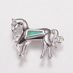 Turquoise Brass Links connectors, with Synthetic Opal, Horse, Platinum, Turquoise, 13.5x16.5x3mm, Hole: 1mm