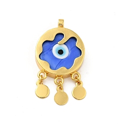 Royal Blue Rack Plating Handmade Evil Eye Lampwork Pendants, with Brass Findings, Long-Lasting Plated, Flat Round, Golden, Royal Blue, 35~35.5x20x5.5mm, Hole: 3mm
