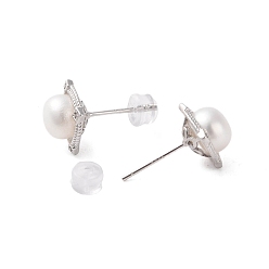 Platinum 925 Sterling Silver Studs Earring, with Cubic Zirconia and Natural Pearl, Square, Platinum, 10x12.5mm