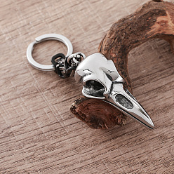Stainless Steel Color Vintage 304 Stainless Steel Raven Skull Keychains, with Split Key Rings & Byzantine Chains, Stainless Steel Color, 85mm