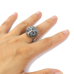 Labradorite Metal Wire Wrapped Natural Labradorite Open Cuff Rings, Flat Round with Tree of Life Ring for Men , Adjustable 