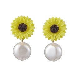 Yellow Natural Pearl & Resin Sunflower Stud Earrings, with 304 Stainless Steel Pins, Yellow, 29x16.5mm