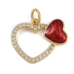 Красный Латунные микро проложить кубического циркония подвески, с блеском порошковой эмалью, сердце прелести, стойки покрытие, без кадмия и без свинца, долговечный, реальный 18 k позолоченный, красные, 14x17.5x2 мм, отверстие : 3.2 мм
