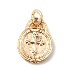 Настоящее золото 18K Латунные подвески, плоские круглые с поперечными прелести, с целью перехода в кольце, реальный 18 k позолоченный, 13x10.5x2 мм, отверстие : 3.5 мм