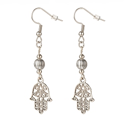 Plata Antigua Pendientes colgantes de mano de hamsa de aleación, pendientes largos para mujer, plata antigua, 59 mm, pin: 0.6 mm