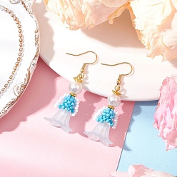 Синий Серьги-подвески из стеклянных бусин ручной работы, с имитацией жемчуга и акрилом, золотые, синие, 51x16.5 мм