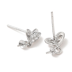 Real Platinum Plated Rhodium Plated 925 Sterling Silver Stud Earring Findings, Heart Dangle Earrings, with Cubic Zirconia, for Half Drilled Beads, Real Platinum Plated, 10x7.5x2mm, Pin: 0.6mm