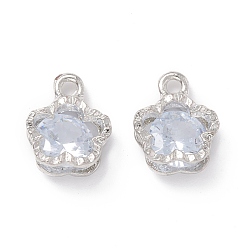 Platinum Alloy Clear Cubic Zirconia Charms, Long-Lasting Plated, Flower, Platinum, 12x10x5mm, Hole: 1.6mm