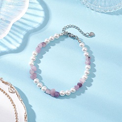 Лепидолит Браслеты из натурального лепидолита и стеклянного жемчуга, с 304 фурнитурой из нержавеющей стали, 7-3/4~8 дюйм (19.6~20.4 см)