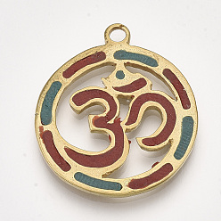 Red Handmade Indonesia Pendants, with Brass Findings, Flat Round with Om Symbol, Golden, Red, 31x26.5x2mm, Hole: 2.5mm
