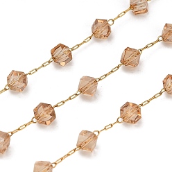 Персиковый Слойка Ручная работа 304 цепочки из кубических звеньев из стеклянных бусин из нержавеющей стали, граненые, долговечный, пайки, с катушкой, ионное покрытие (ip), реальный 18 k позолоченный, розовые, 5x5.5x4.5 мм