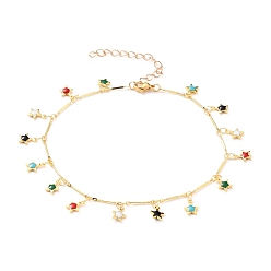 Golden Brass Enamel Star Charm Anklets, with Brass Bar Link Chains and 304 Stainless Steel Lobster Claw Clasps, Colorful, Golden, 9-5/8 inch(24.5cm)