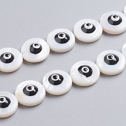 Черный Природные стеклянные бусы нити, с эмалью, плоские круглые с сглаза, чёрные, 12x4 мм, отверстие : 0.7 мм, около 34 шт / нитка, 15.55 дюйм (39.5 см)
