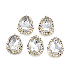 Clear Sew on Rhinestone, Transparent Glass Rhinestone, with Brass Prong Settings, Faceted, Teardrop, Clear, 23x17.5x6.5mm, Hole: 0.9mm