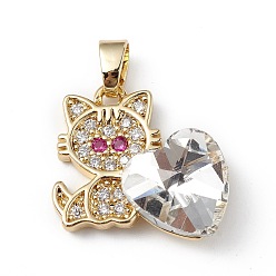 Clear Real 18K Gold Plated Rack Plating Brass Micro Pave Cubic Zirconia Pendants, with Glass, Long-Lasting Plated, Cadmium Free & Lead Free, Cat with Heart, Clear, 21x19.5x7.5mm, Hole: 3.5x5mm
