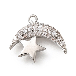 Платина Латунные микро проложить кубического циркония подвески, без кадмия, без никеля и без свинца, Луна и звезды прелести, платина, 11x12.5x2.5 мм, отверстие : 0.8 мм