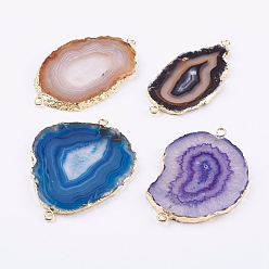Mixed Color Natural Agate Links connectors, with Silver Tone Brass Findings Hand Polished, Nuggets, Mixed Color, 54~76x29~50x3~6mm, Hole: 3mm