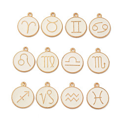 Light Gold 12Pcs Alloy Enamel Pendants, Flat Round with Constellation Sign, Light Gold, 21x17.8x2mm, Hole: 1.8mm