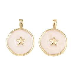 Белый Латунь эмаль подвески, без кадмия, без никеля и без свинца, реальный 16 k позолоченный, плоские круглые со звездой, белые, 20.5x15.5x4.5 мм, отверстие : 2.5x3 мм