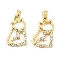 Настоящее золото 18K Подвески в форме кошки из латуни с микропаве из кубического циркония, без кадмия, без никеля и без свинца, реальный 18 k позолоченный, 19x13x2 мм, отверстие : 4.5x2.5 мм
