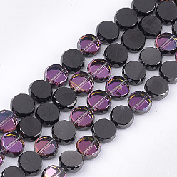 Purple Electroplate Glass Beads Strands, Half Plated, Faceted, Flat Round, Purple, 8~8.5x3.5mm, Hole: 1mm, about 78~80pcs/strand, 24.01~24.8 inch(61~63cm)