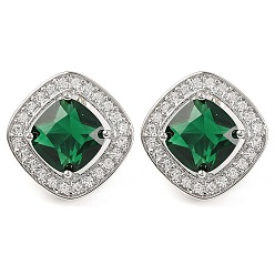 Темно-Зеленый Серьги-гвоздики с ромбами из кубического циркония, ювелирные изделия из латуни и платины для женщин, темно-зеленый, 15x15 мм