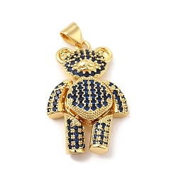 Prussian Blue Brass Micro Pave Cubic Zirconia Pendants, Bear Charm, Mechanical Charm, Golden, Prussian Blue, 26.5x18x7mm, Hole: 4x3mm