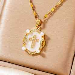 Белый Блестящие ретро-латунные подвески с микропаве из прозрачных кубических цирконий в форме овала с крестом и эмалью, золотые, белые, 15.75 дюйм (40 см)