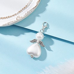 Античный Серебристый & Платиновый 50шт. АБС-пластик, имитация жемчуга и стеклянный жемчуг, подвеска в форме сердца в виде ангела, украшения, с крыльями из сплава и застежками-клешнями, белые, старинное серебро и платина, 48 мм, Кулон : 37.5x22x10 мм