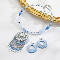 Васильковый Комплекты из ожерелий и серег с подвесками в стиле бохо-этнического стиля из сплава, акрила и натуральных ракушек с плоскими круглыми кисточками, васильковый, 447 мм