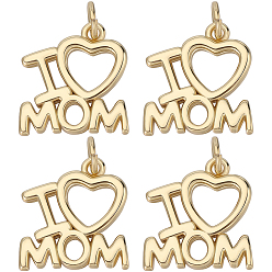 Настоящее золото 18K 8шт. День матери стойка позолоченные латунные подвески, с целью перехода в кольце, без кадмия и без свинца, долговечный, слово я люблю маму очарование, реальный 18 k позолоченный, 14.5x14.5x1.5 мм, отверстие : 3.2 мм