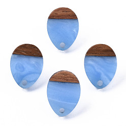 Cornflower Blue Resin & Walnut Wood Stud Earring Findings, with 304 Stainless Steel Pin, Teardrop, Cornflower Blue, 17x13mm, Hole: 1.8mm, Pin: 0.7mm
