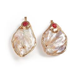 Красный Подвески из натурального пресноводного жемчуга, с граненым стеклянным кабошоном и золотистыми медными вставками, самородки, красные, 40~55x30~37x13~17 мм, отверстие : 8x5 мм