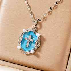 Темно-Голубой Блестящие ретро-латунные подвески с микропаве из прозрачных кубических цирконий в форме овала с крестом и эмалью, платина, глубокое синее небо, 15.75 дюйм (40 см)