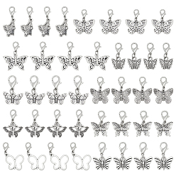 Plateado Antiguo & Platino 40 piezas 10 estilos decoraciones colgantes de aleación, con broches de langosta de la aleación de la garra, mariposa, plata antigua y platino, 23~37 mm, 4 piezas / estilo