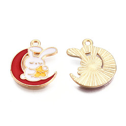 Темно-Красный Подвески из эмали и сплава, без кадмия, без никеля и без свинца, золотой свет, луна с кроликом, темно-красный, 18x15x1.5 мм, отверстие : 1.4 мм