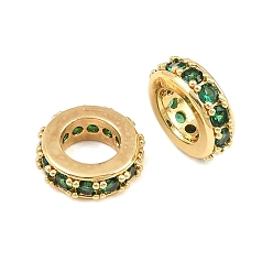 Green Brass Micro Pave Cubic Zirconia European Beads, Large Hole Beads, Flat Round, Cadmium Free & Lead Free, Rack Plating, Long-Lasting Plated, Real 18K Gold Plated, Green, 10x3mm, Hole: 5.5mm
