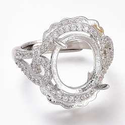 Platinum Adjustable Brass Micro Pave Clear Cubic Zirconia Finger Ring Components, 4 Claw Prong Ring Settings, Long-Lasting Plated, Flower, Platinum, US Size 5 1/2, Inner Diameter: 16.1mm, Tray: 12x10mm