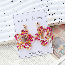 Темно-Розовый Висячие серьги-гвоздики из акриловой блестящей пудры ко Дню святого Валентина, цветок, золотые, темно-розовыми, 43x35 мм