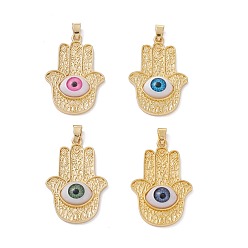 Mixed Color Brass Pendant, with Resin Eye Cabochons, Long-Lasting Plated, Hamsa Hand, Real 18K Gold Plated, Mixed Color, 40x26x6mm, Hole: 5x3.5mm