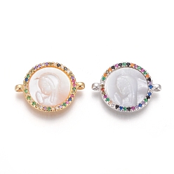 (52) Непрозрачная лаванда Соединители из латуни с микропаве и кубическим цирконием, с оболочкой, плоские круглые с Девой Марией, красочный, разноцветные, 15x20x3 мм, отверстие : 1.2 мм