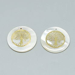 Oro Pendientes de concha de agua dulce, cubierto con hallazgos de hierro, plano y redondo con el árbol de la vida, dorado, 30~31x2~3 mm, agujero: 1.8 mm