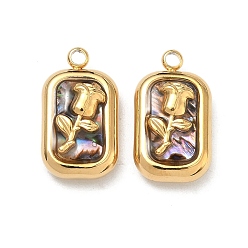 Цветок Природные пауа оболочки подвески, 304 прямоугольные подвески из нержавеющей стали, вакуумное покрытие pvd, реальный 18 k позолоченный, цветок, 18x10x5~6 мм, отверстие : 1.8 мм